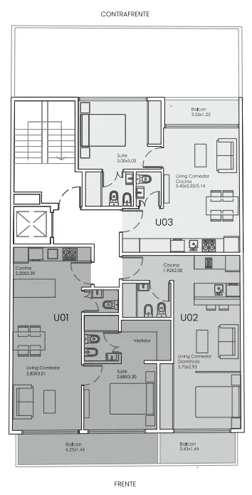 Planta pisos 1° al 7° — U01, U02 y U03