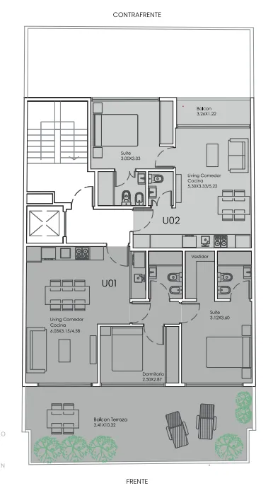 Planta 8° piso — U01 y U02 con balcón terraza