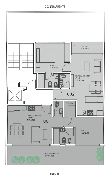 Planta 9° piso — U01 y U02 con balcón terraza