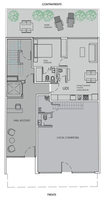 Planta Baja — Hall de acceso y U01 con jardín